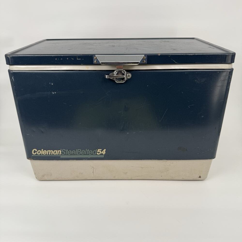 Vintage 1988 Coleman Steel Belted 54 Quart Blue Metal Cooler Ice Chest RARE